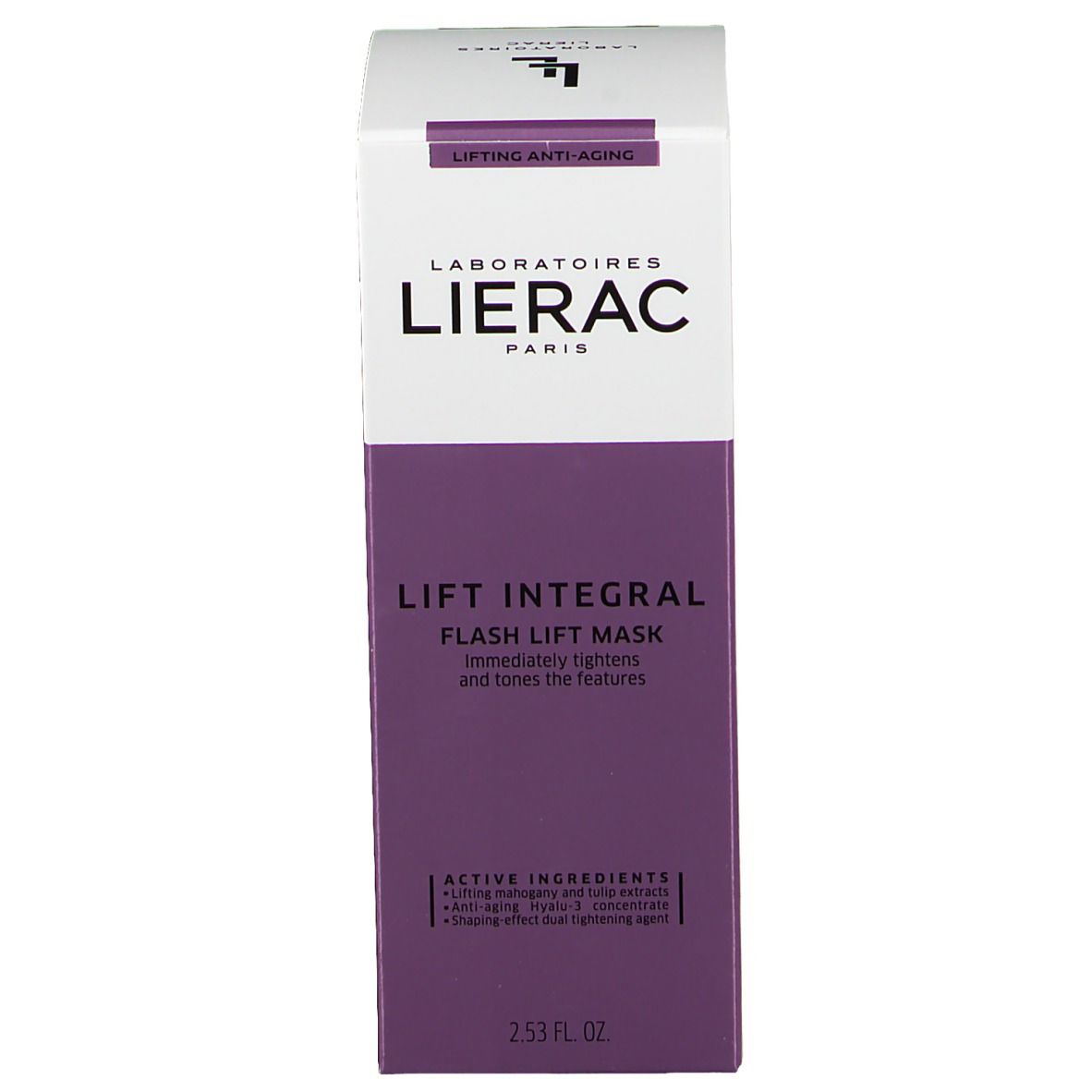 Emballage du produit. Blanc-violet, inscription: LIERAC, LIFT INTEGRAL, Masque Lift Flash. Texte: Lifting Anti-Âge.
