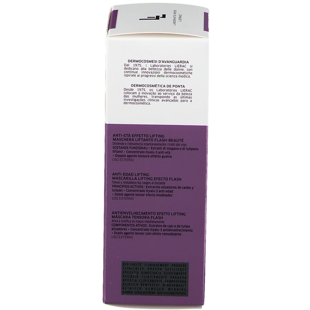 Dos de l'emballage du produit. Texte multilingue, informations fabricant, effet anti-âge.