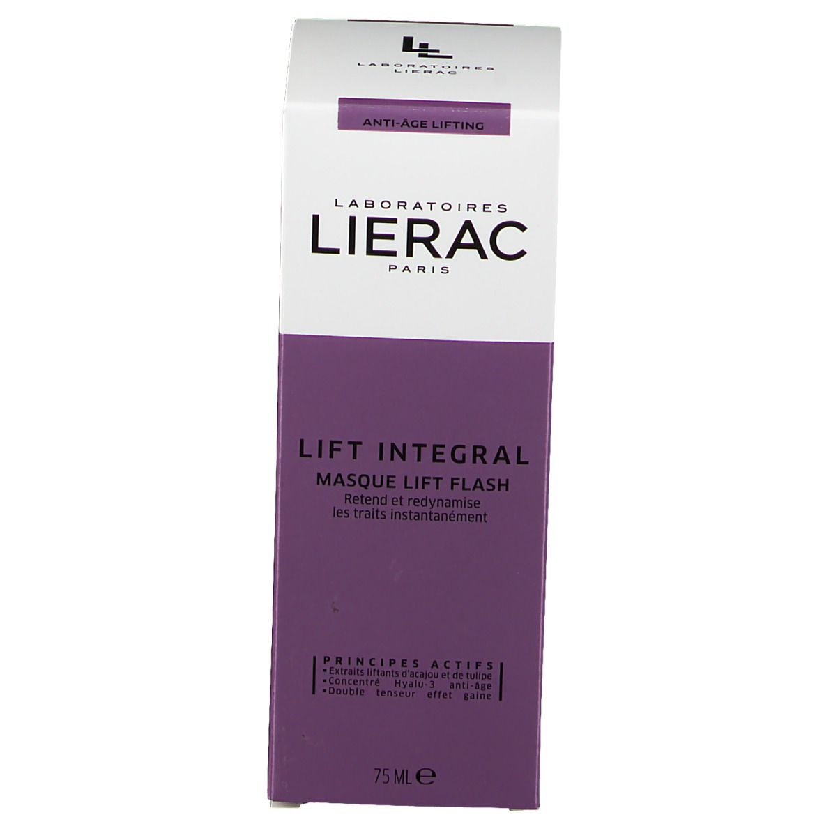 Emballage du produit. Blanc-violet, inscription: LIERAC, LIFT INTEGRAL, Masque Lift Flash. Texte: Anti-Âge Lifting.