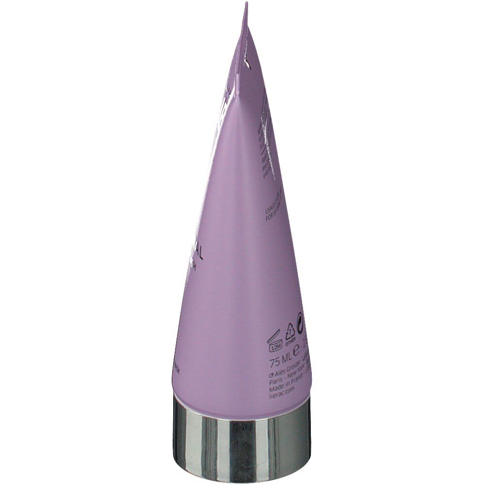 Vue de dessous d'un tube violet avec bouchon argenté. Aucun autre détail.