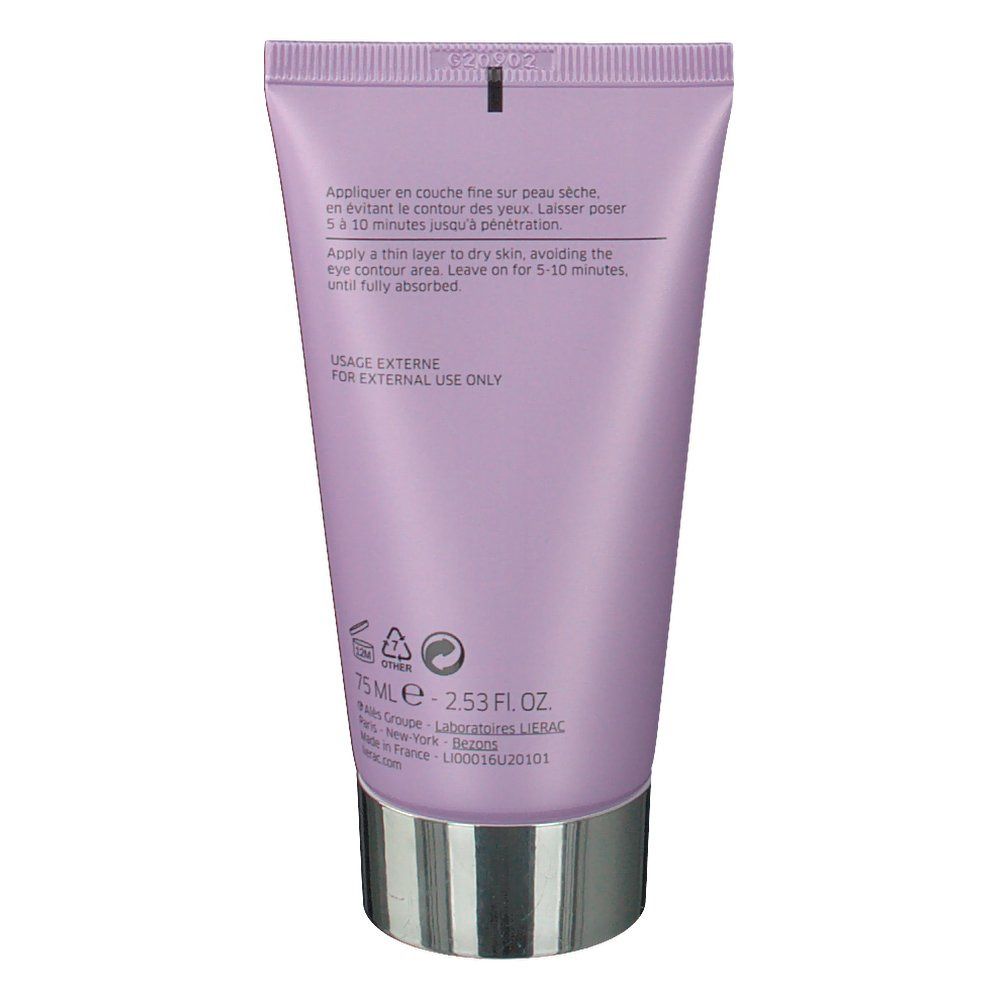 Dos d'un tube violet. Texte: application, ingrédients, 75 ml, 2.53 FL.OZ, et informations fabricant.