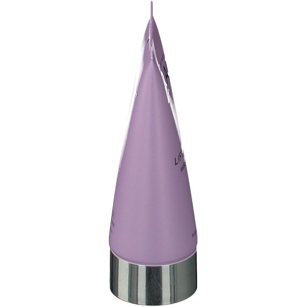 Vue de dessous d'un tube violet avec bouchon argenté. Aucun autre détail.