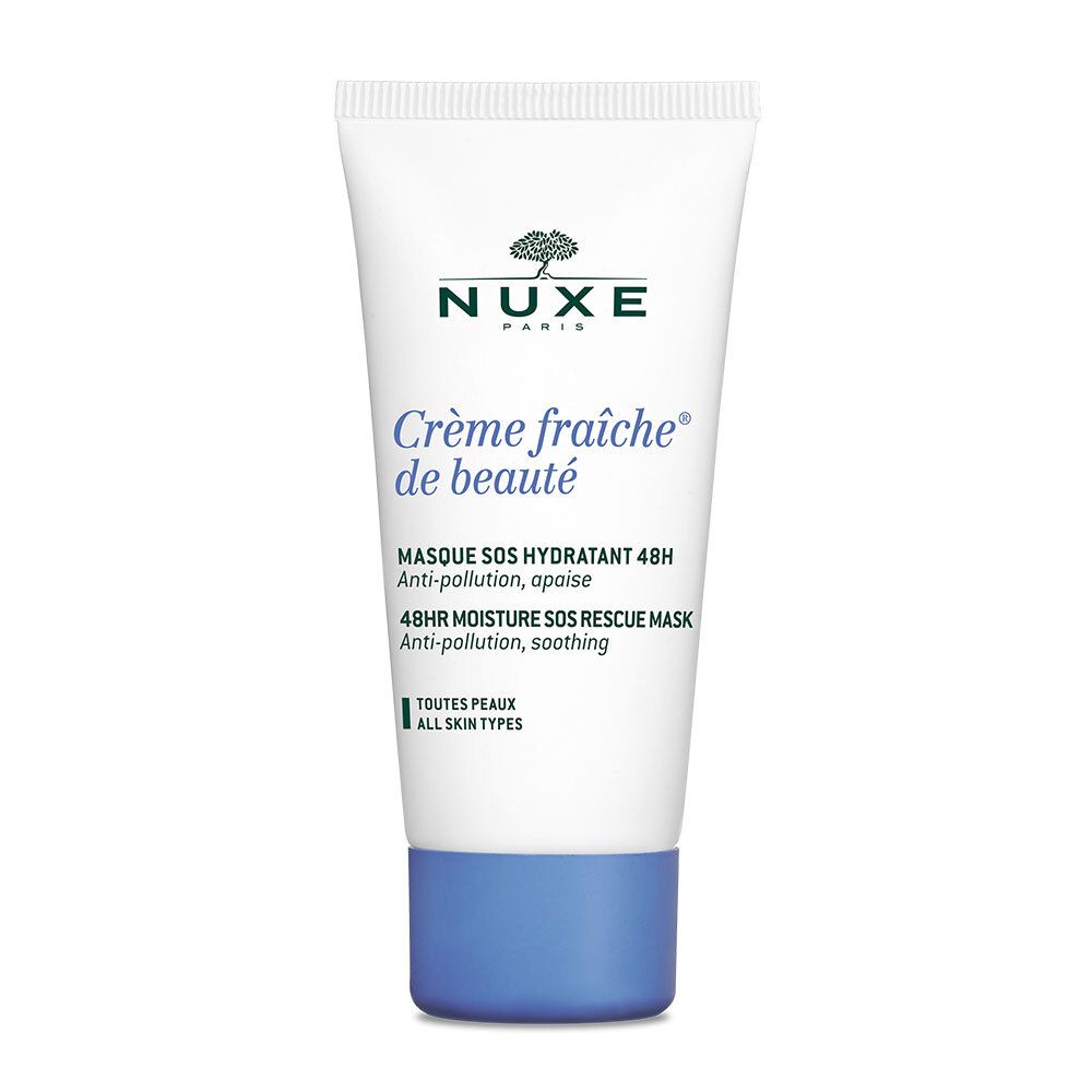 Witte tube met blauwe dop. Opschrift: Nuxe, Crème fraîche de beauté, Masque SOS Hydratant 48H.