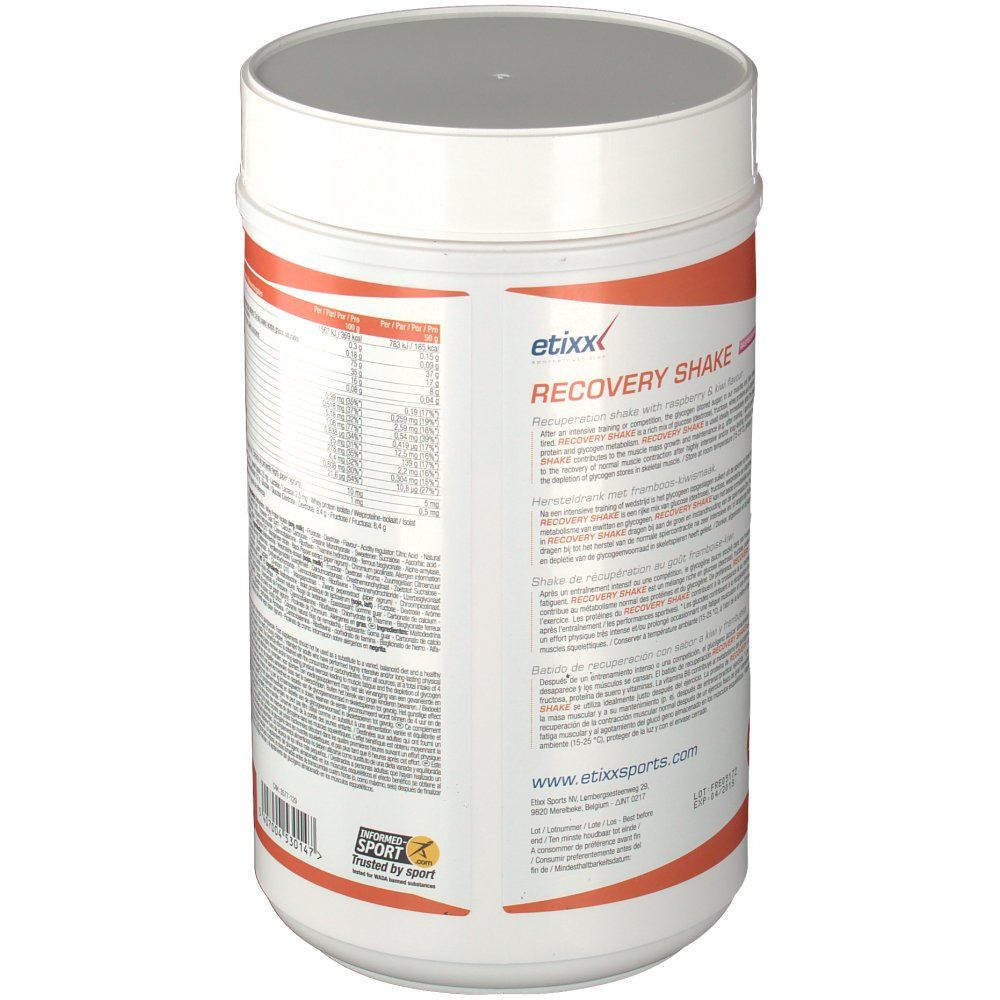 Boîte cylindrique avec couvercle blanc. Inscription: Etixx Recovery Shake. Texte multilingue. Logo: Tested by sport.