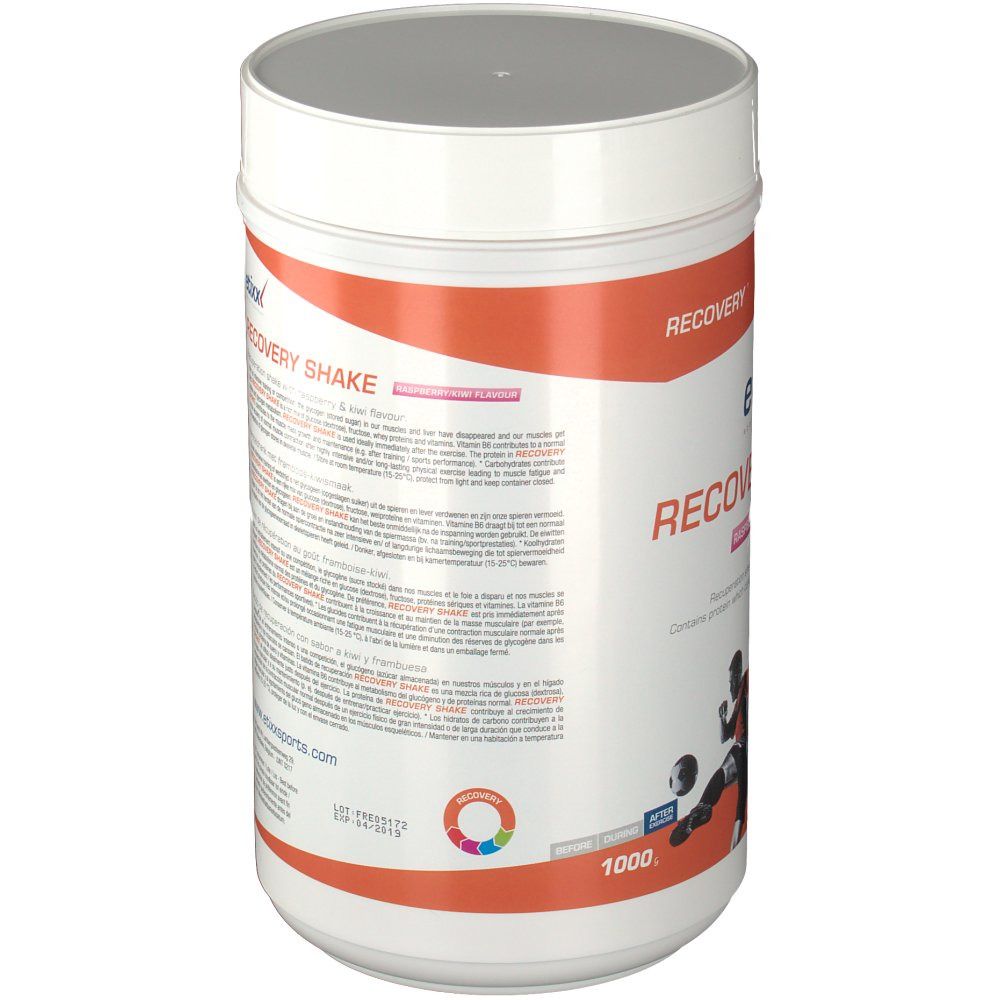 Boîte cylindrique avec couvercle blanc. Inscription: Etixx Recovery Shake. Texte multilingue. Inscription: 1000.