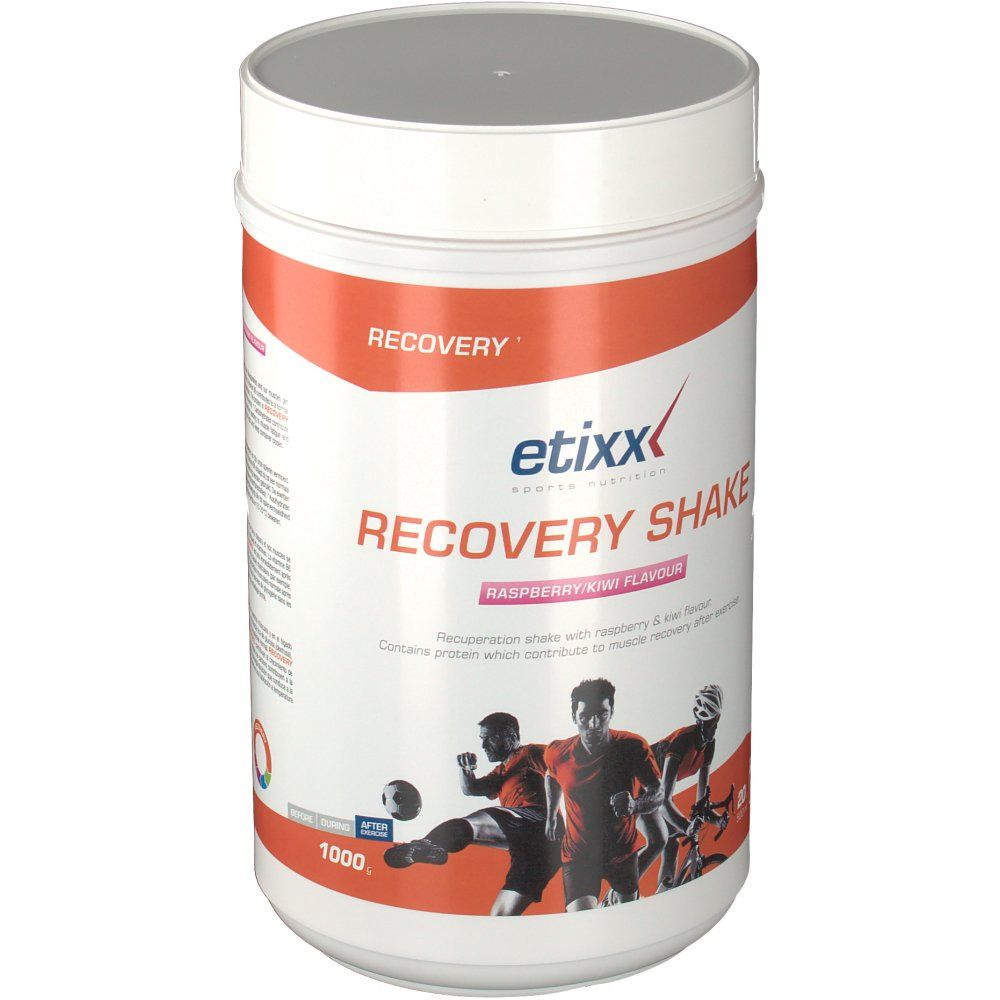 Boîte cylindrique avec couvercle blanc. Inscription: Etixx Recovery Shake Raspberry Kiwi Flavour. Illustration d'athlètes.