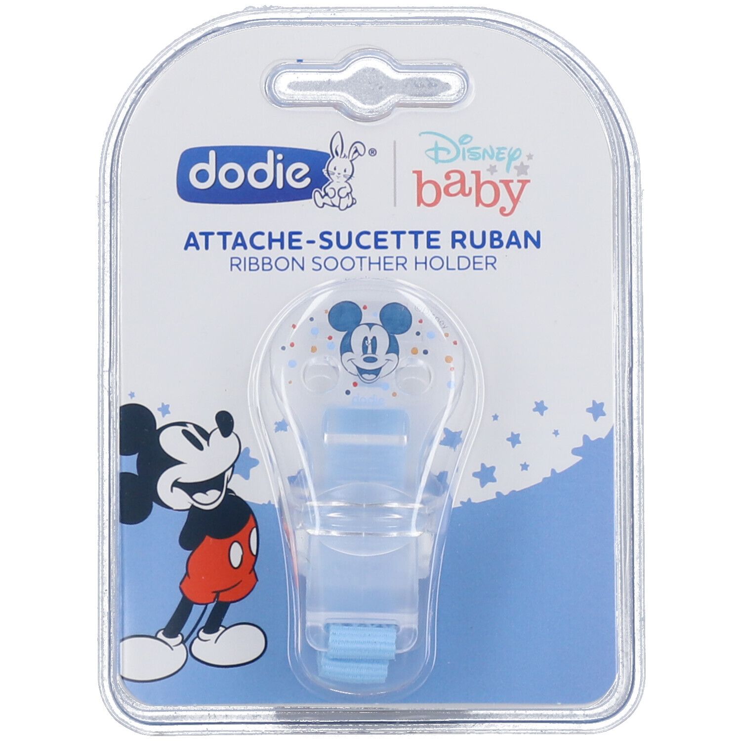 Blauw-transparante fopspeenhouder met Mickey Mouse-motief. Verpakking met Dodie-logo en Disney Baby-opschrift.