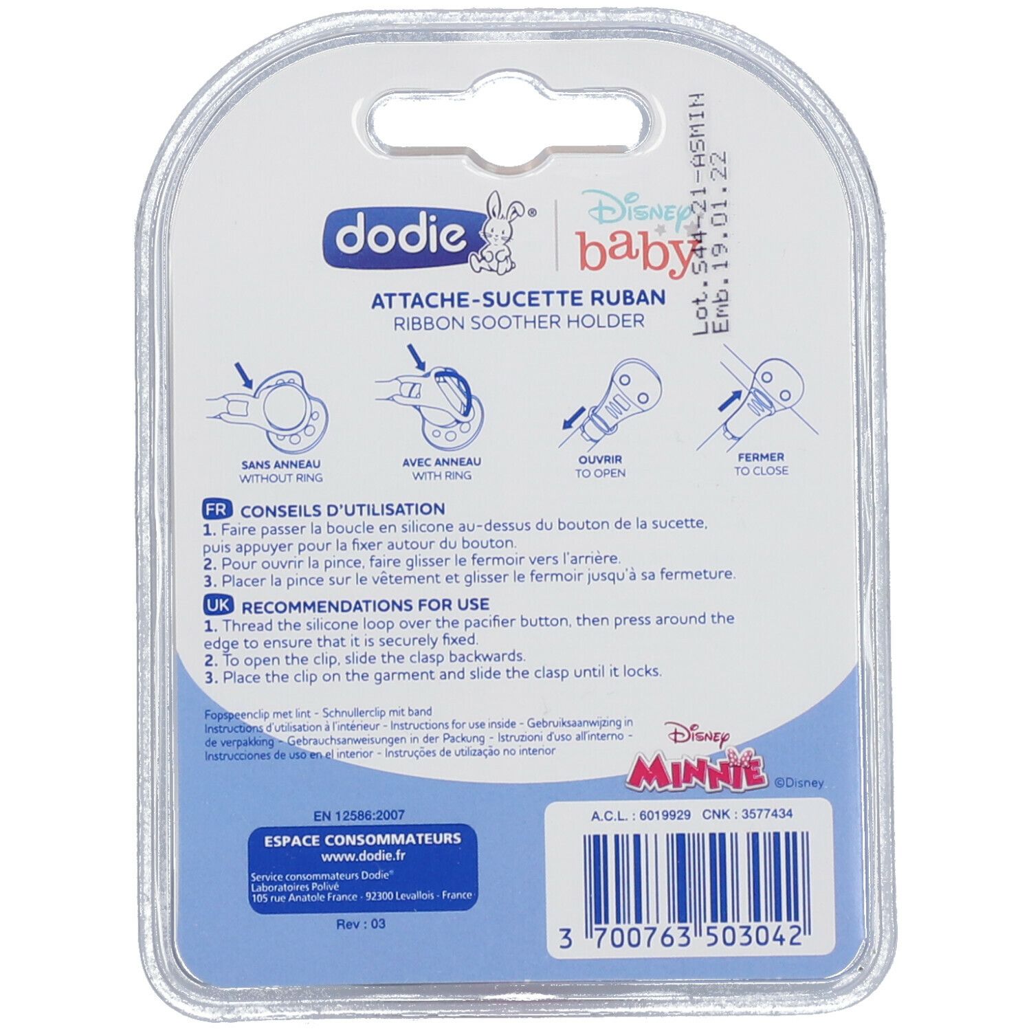 Achterkant van de Dodie Minnie fopspeenclip verpakking. Instructies, Disney Baby logo, barcode.