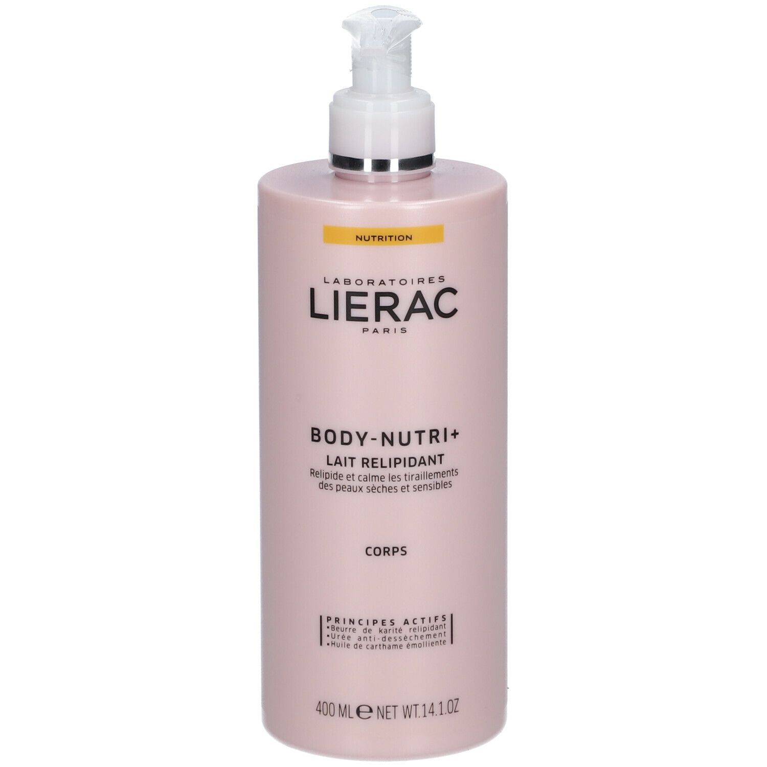 Flacon rose avec pompe. Inscription: LIERAC, BODY-NUTRI+, Lait Relipidant. 400 ml.