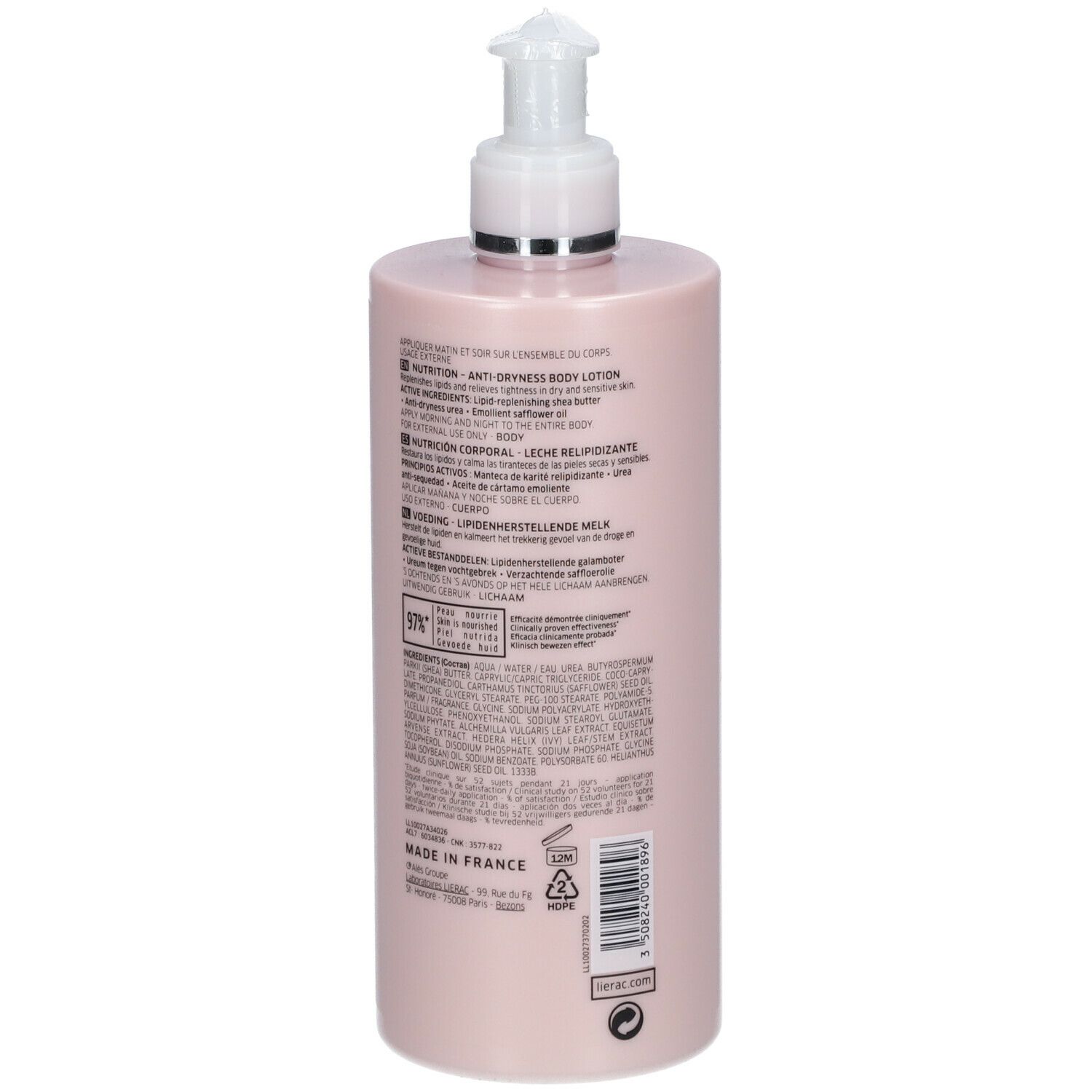 Dos d'un flacon rose avec texte. Inscription: LIERAC, ingrédients, Fabriqué en France.