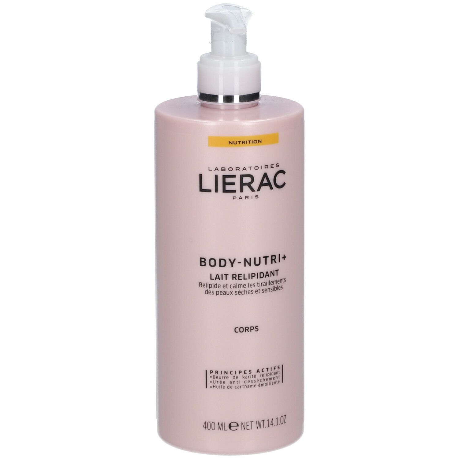 Flacon rose avec pompe. Inscription: LIERAC, BODY-NUTRI+, Lait Relipidant. 400 ml.