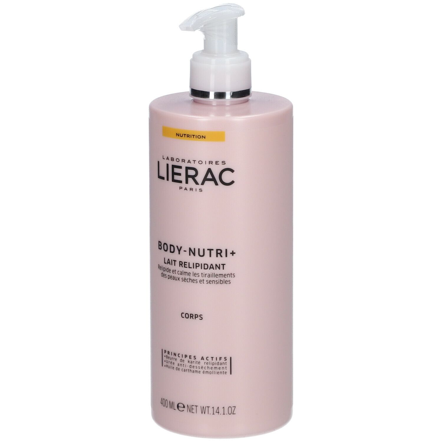Flacon rose avec pompe. Inscription: LIERAC, BODY-NUTRI+, Lait Relipidant. 400 ml.