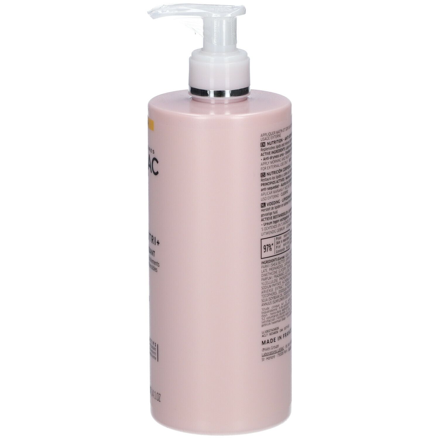 Côté d'un flacon rose avec pompe. Inscription: LIERAC, BODY-NUTRI+, 97%.