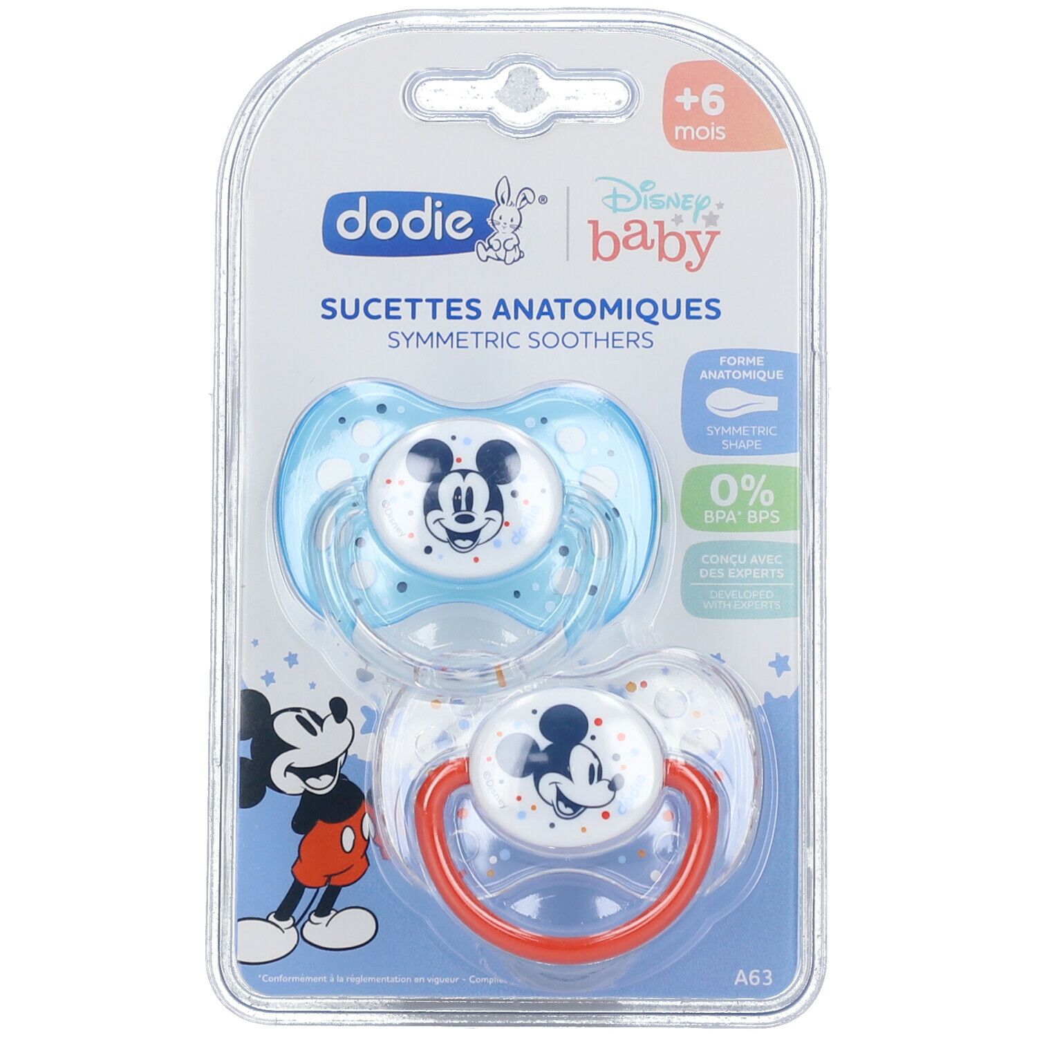 dodie® Sucette Anatomiques +6 mois 'Duo Mickey' silicone avec anneau