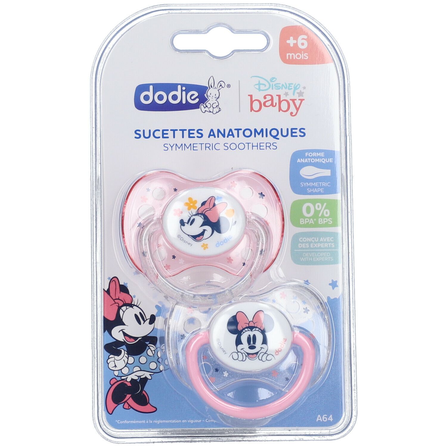 dodie® Sucette Anatomiques +6 mois 'Duo Minnie' silicone avec anneau