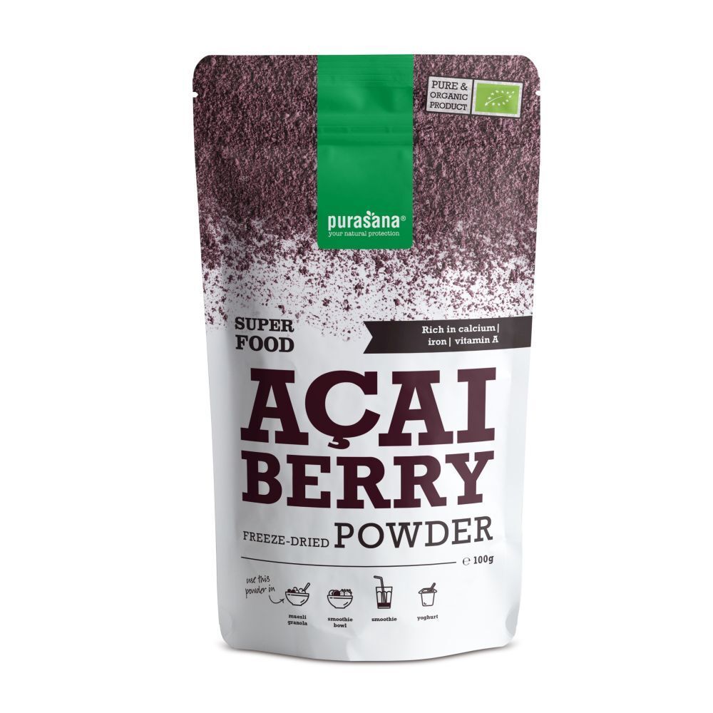 Sachet de poudre d'açai berry Purasana. Logo et nom du produit. Certification bio. Texte : Superfood, poudre lyophilisée.