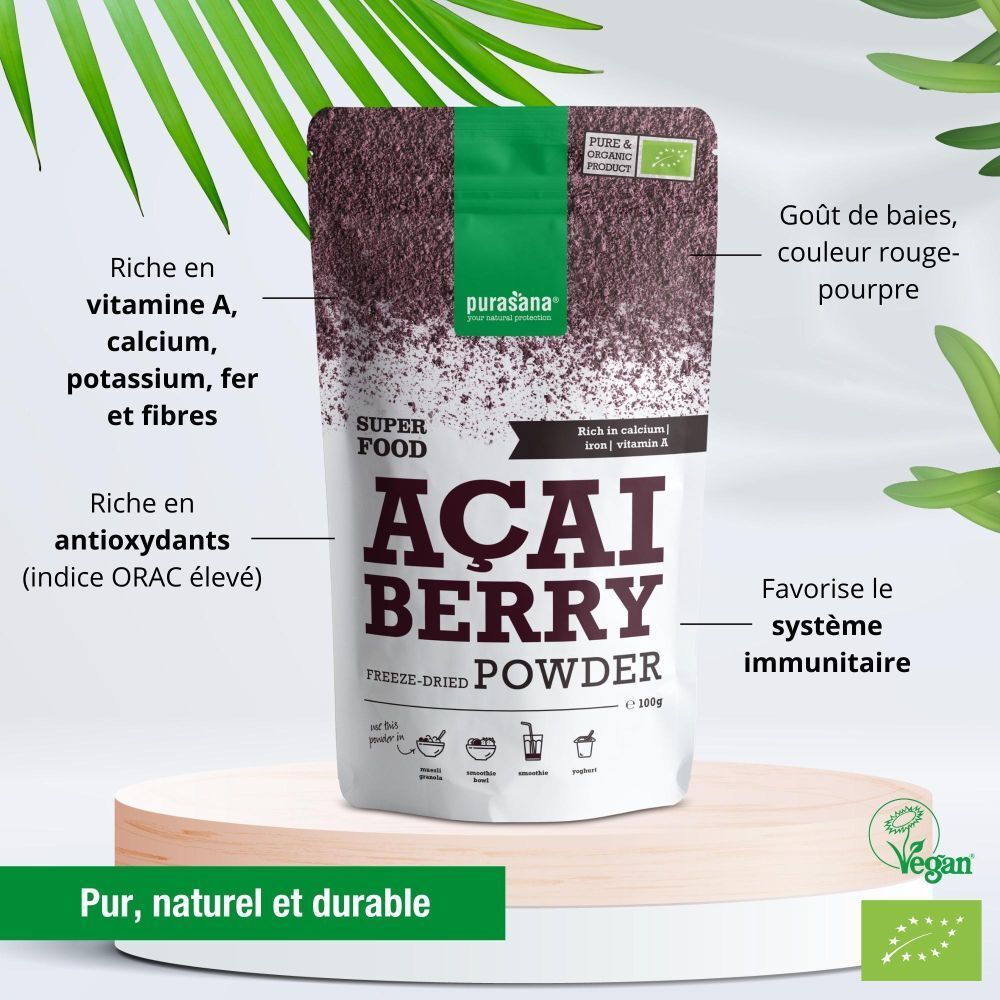 Poudre d'açai berry Purasana. Emballage avec informations nutritionnelles et antioxydantes. Label vegan. Fond vert.