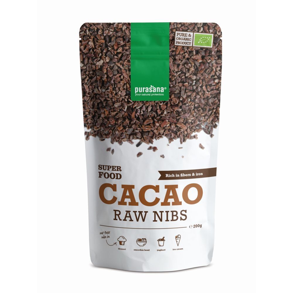 Zak Cacao Raw Nibs. Opschrift: Superfood Cacao Raw Nibs. Met biologisch keurmerk.