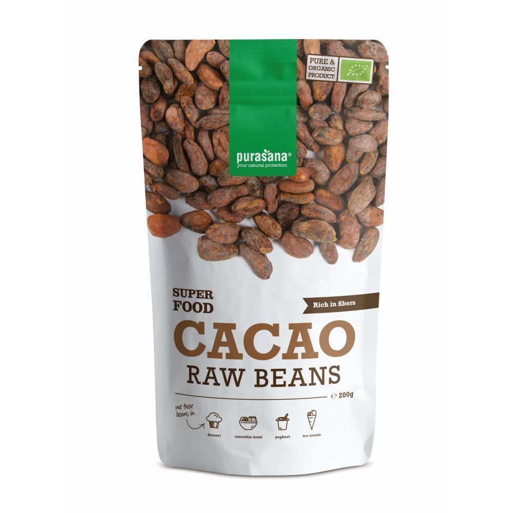 Purasana Cacao Raw Beans in zak. Rauwe cacaobonen. Biologisch product. Rijk aan vezels. 200g.