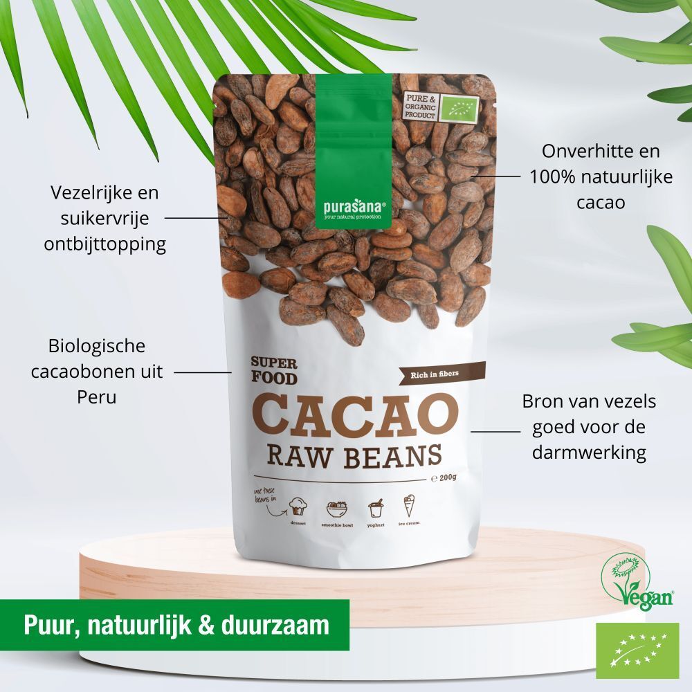 Purasana Cacao Raw Beans in zak. Rauwe cacaobonen. Biologisch product. Rijk aan vezels. 200g.