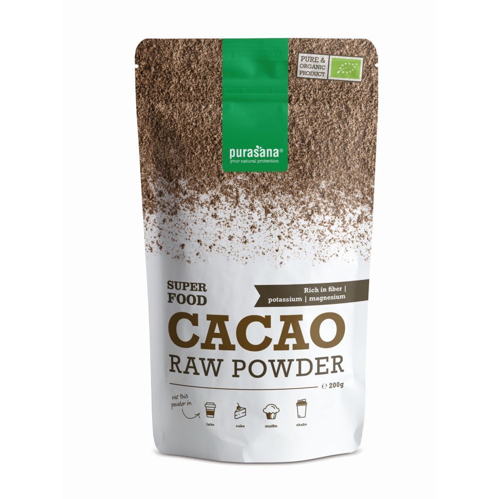 Zakje purasana® CACAO RAW POWDER. Groen-witte verpakking met productnaam en bio-label. Bevat 200g.