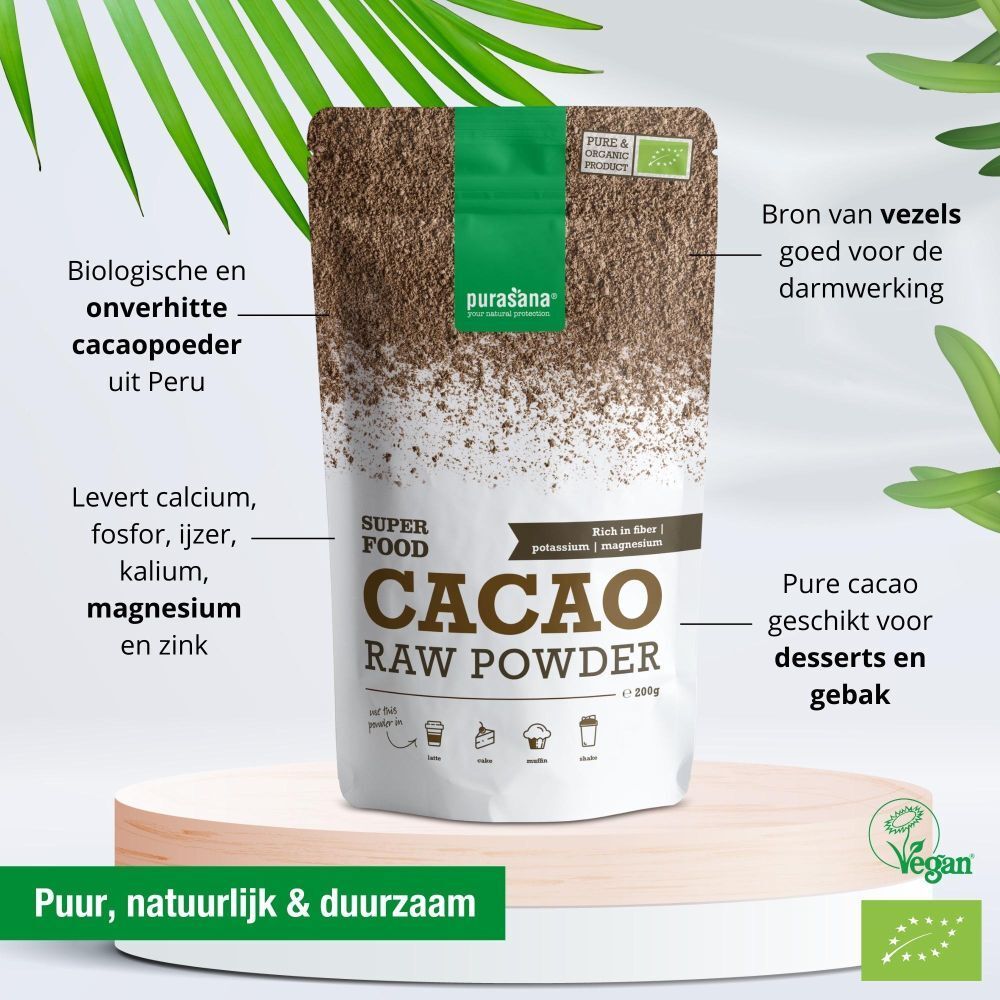 Verpakking purasana® CACAO RAW POWDER. Tekst: Biologische cacao, Bron van vezels, Pure cacao. Vegan label. Groen en wit.