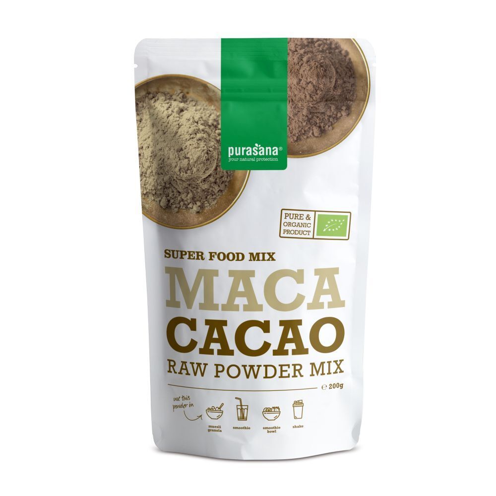Sachet de mélange de poudre de Maca Cacao. Inscription : Super Food Mix, Maca Cacao Raw Powder Mix. Label bio.