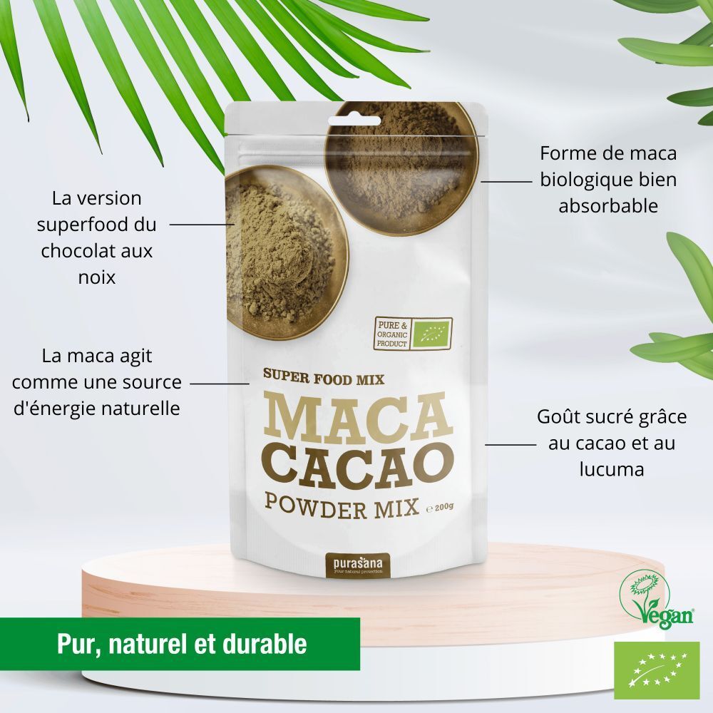 Emballage du produit avec mélange de poudre de Maca Cacao. Inscription : Super Food Mix, Maca Cacao. Label vegan. Label bio.