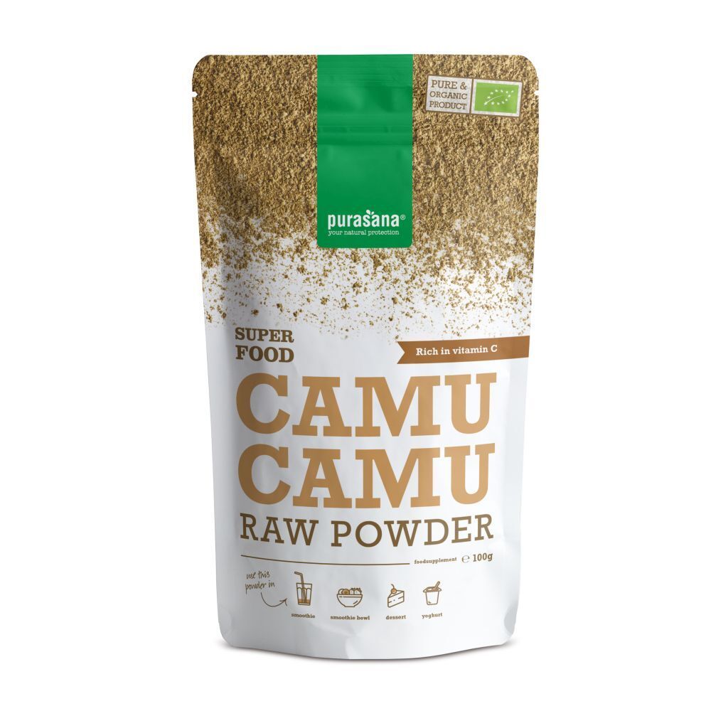 Zakje Camu Camu poeder. Opschrift: Superfood, Camu Camu Raw Powder. Met bio-label.
