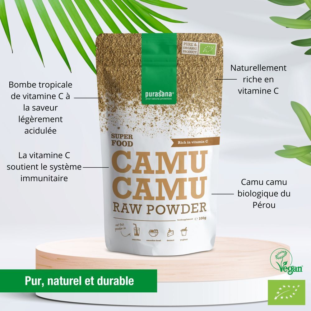 Emballage de poudre de Camu Camu. Texte: Superfood, Camu Camu Raw Powder. Avec vitamine C. Label bio.