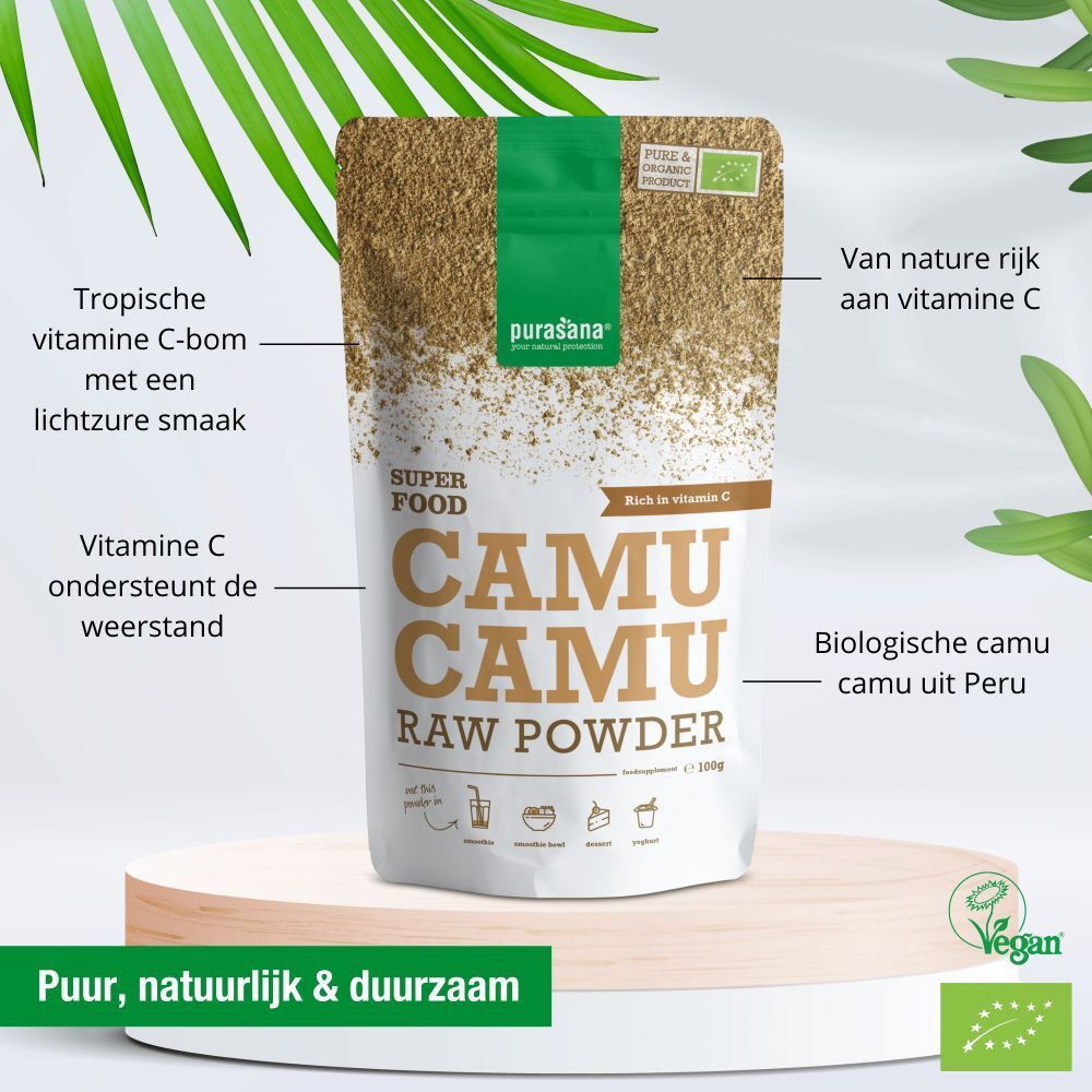Verpakking Camu Camu poeder. Tekst: Superfood, Camu Camu Raw Powder. Met vitamine C. Bio-label.
