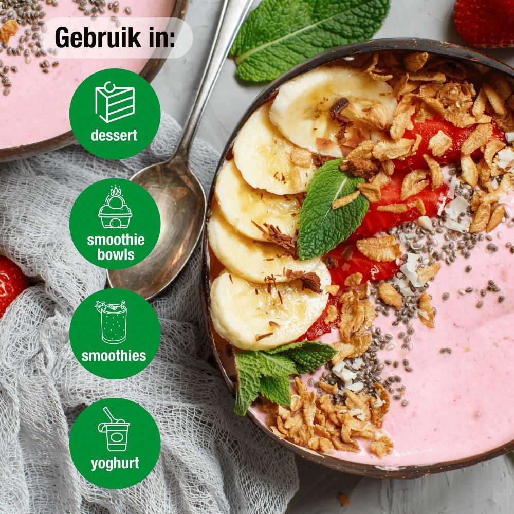 Smoothie bowl. Ingrediënten: banaan, aardbei, granola. Met groene iconen: dessert, smoothie bowls, smoothies, yoghurt.