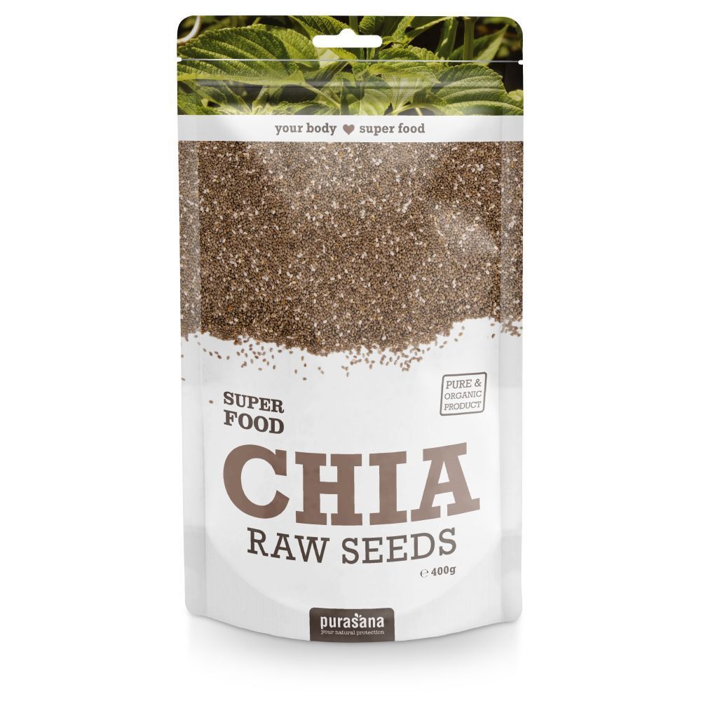 Sachet de graines de chia. Inscription : Chia Raw Seeds, Superfood, Purasana. Label bio.