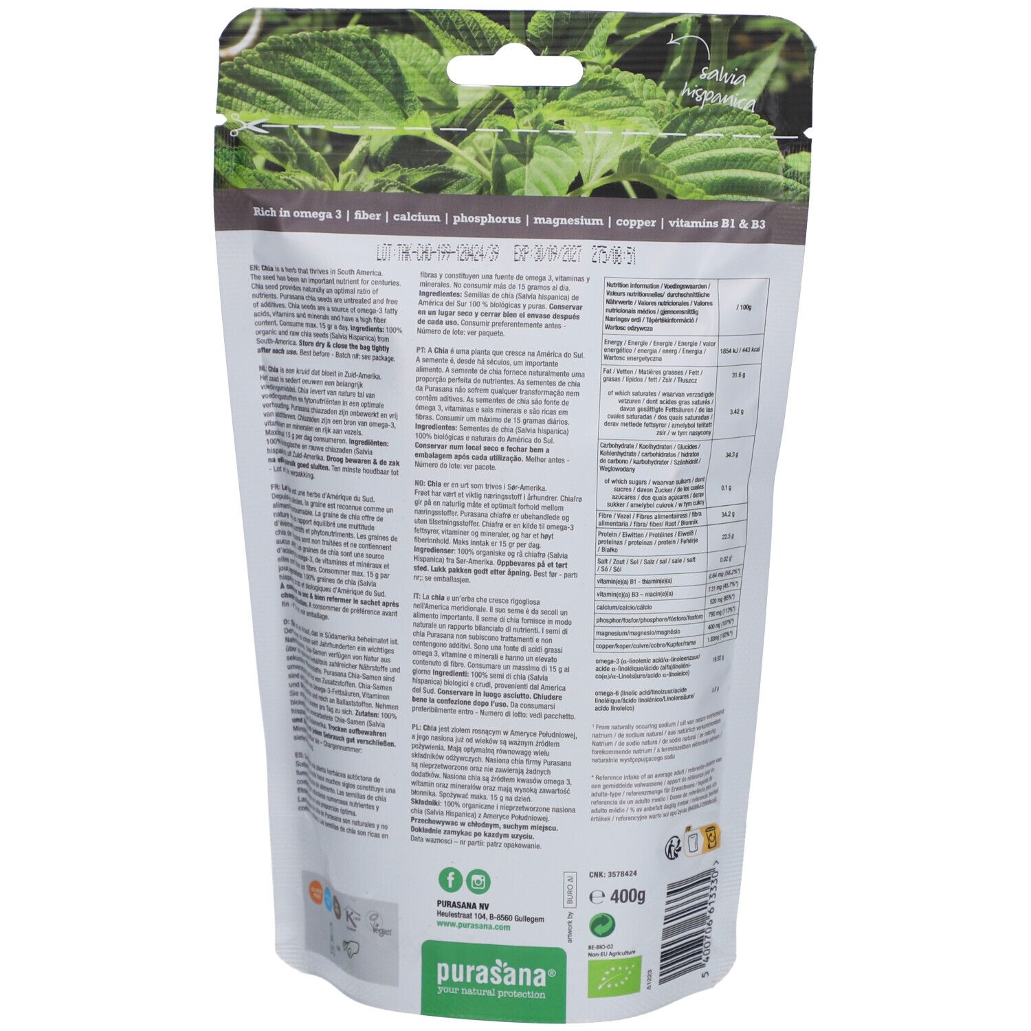 Dos du sachet de graines de chia. Texte multilingue. Label bio et logo Purasana.
