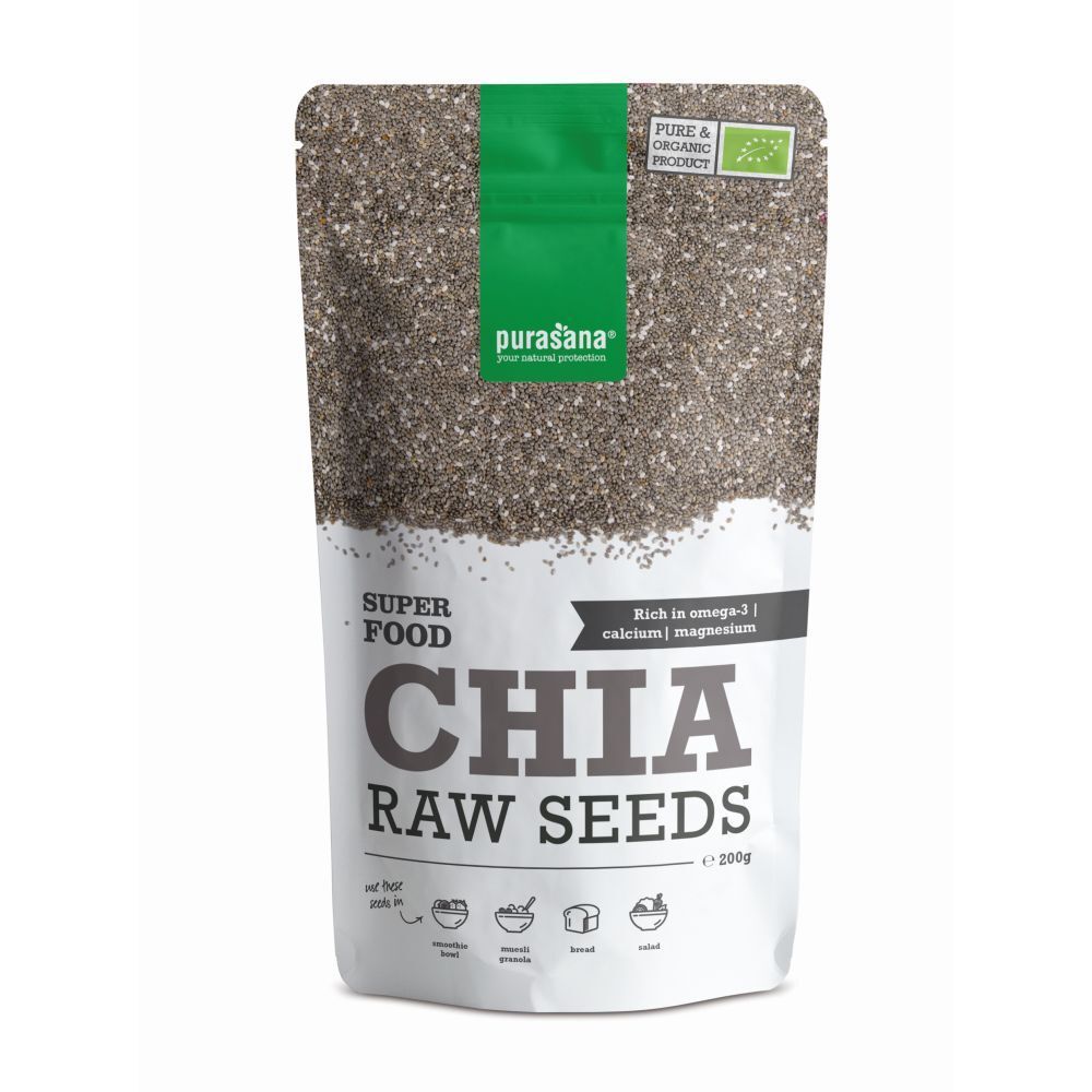 Purasana Chia Raw Seeds verpakking. Bevat zaden. Bio-label. Tekst: Superfood Chia Raw Seeds.