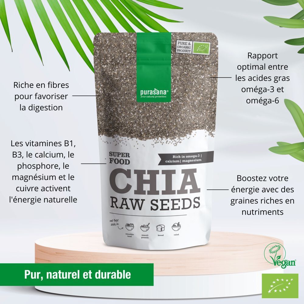 Paquet de graines de chia crues Purasana avec texte et illustrations. Contient des graines. Label vegan. Texte : Chia Raw Seeds.