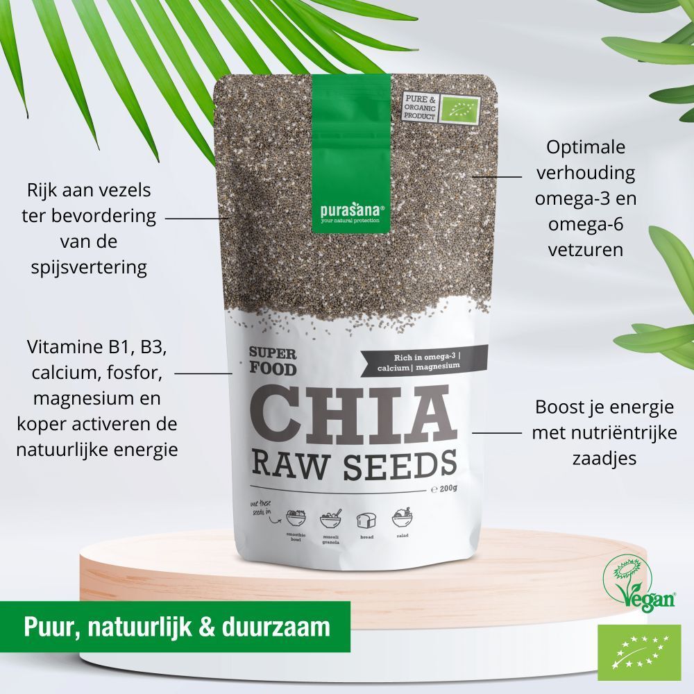 Purasana Chia Raw Seeds verpakking met tekst en illustraties. Bevat zaden. Vegan label. Tekst: Chia Raw Seeds.