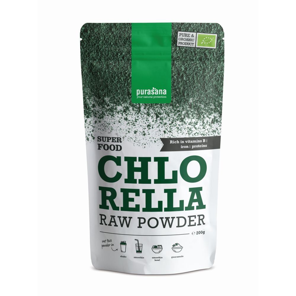 Sachet de purasana® Chlorella Raw Powder. Emballage vert et blanc avec nom du produit et label bio.