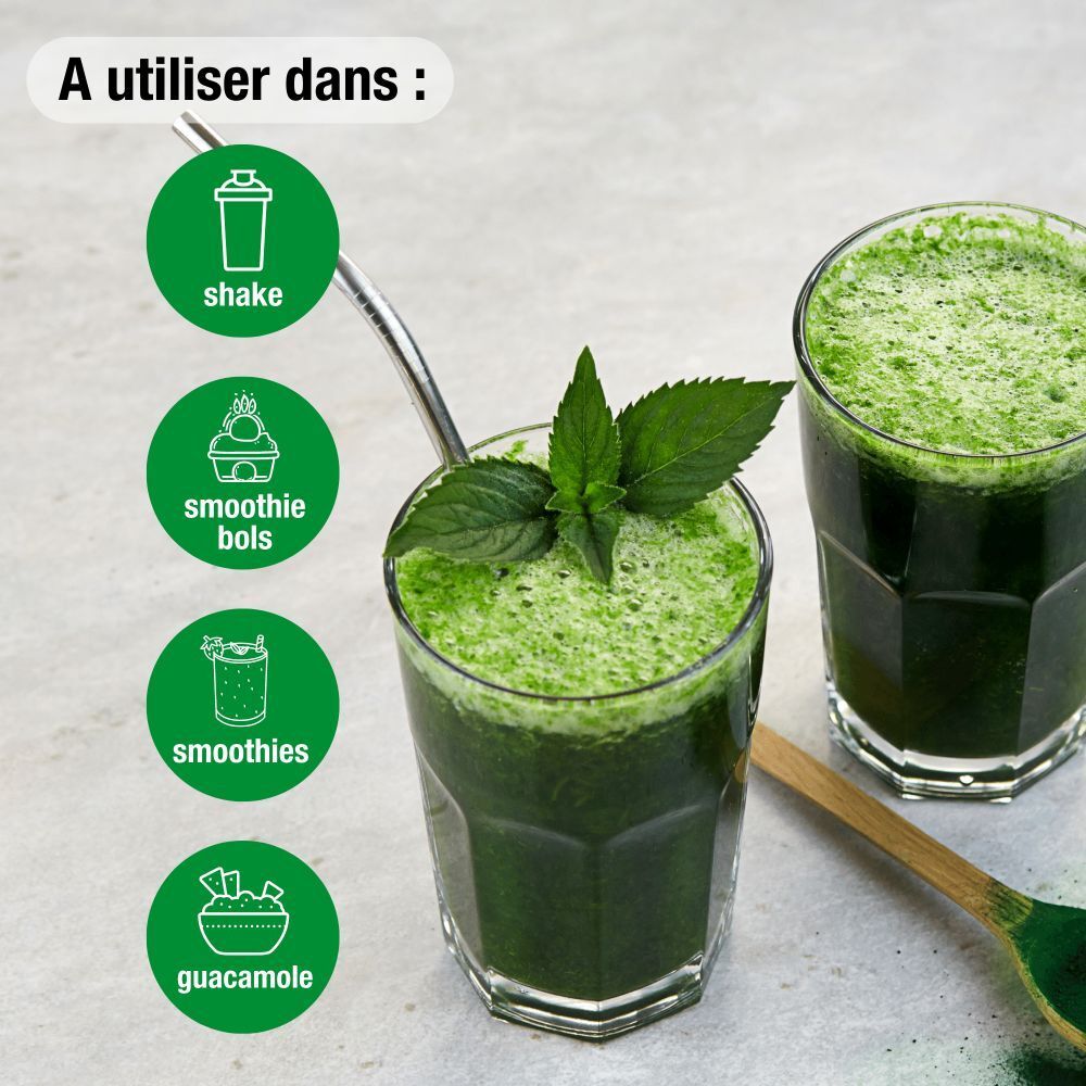 Verres de boisson verte. Icônes d'utilisation : shake, bols de smoothie, smoothies, guacamole.