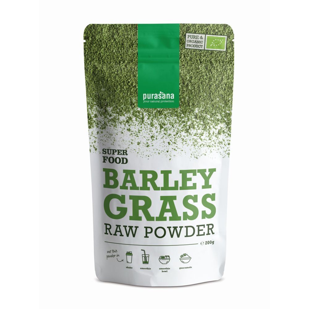 Sachet de purasana® BARLEY GRASS RAW POWDER. Vert et blanc, logo et nom du produit. Label bio.