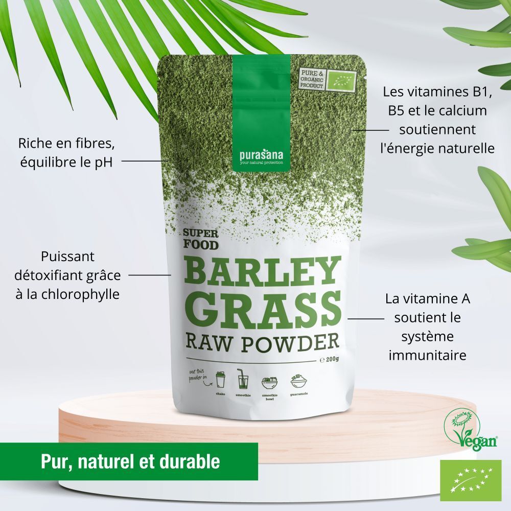 Emballage purasana® BARLEY GRASS RAW POWDER avec texte. Contient des informations sur les ingrédients et les bienfaits. Label bio.