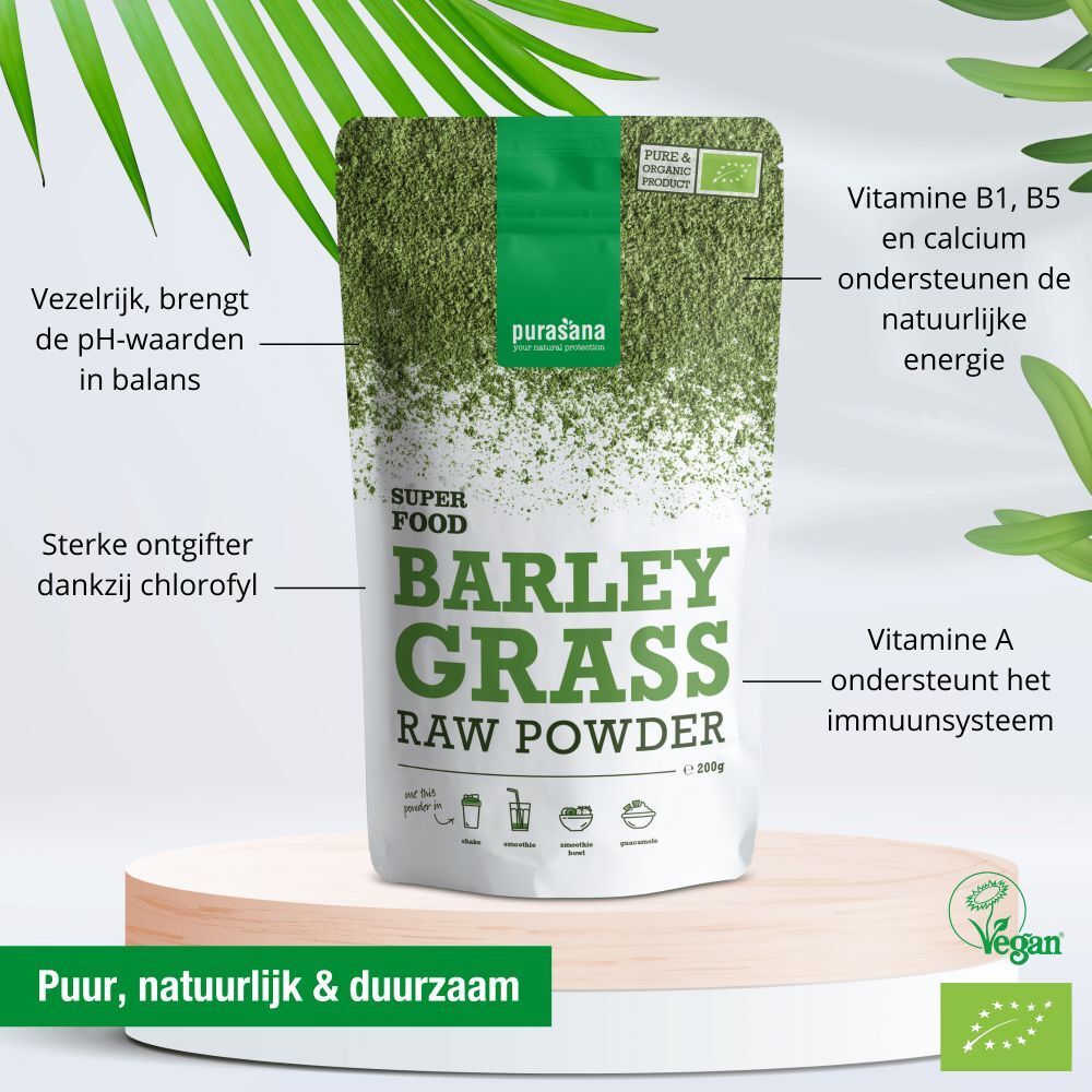 Verpakking purasana® BARLEY GRASS RAW POWDER met tekst. Bevat info over ingrediënten en voordelen. Bio-keurmerk.