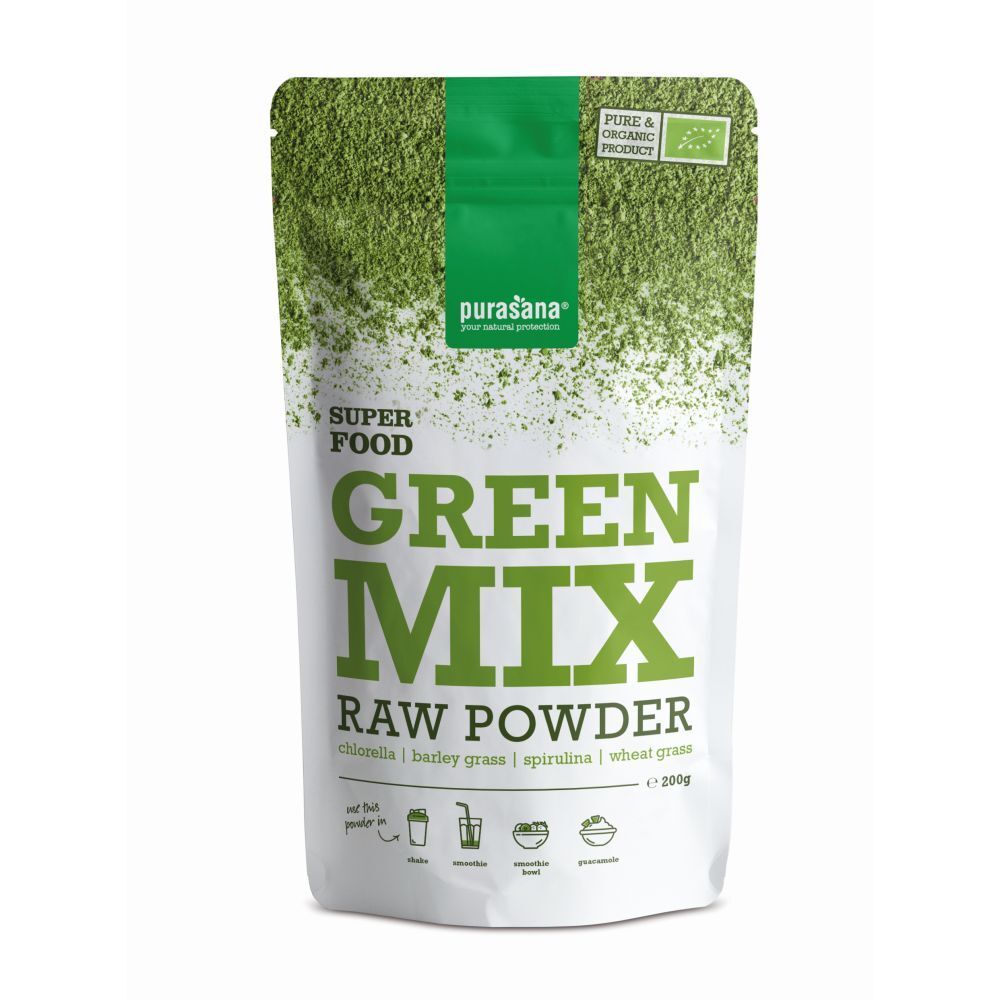 Sachet de purasana® GREEN MIX RAW POWDER. Emballage vert et blanc avec nom et logo du produit. Label bio.