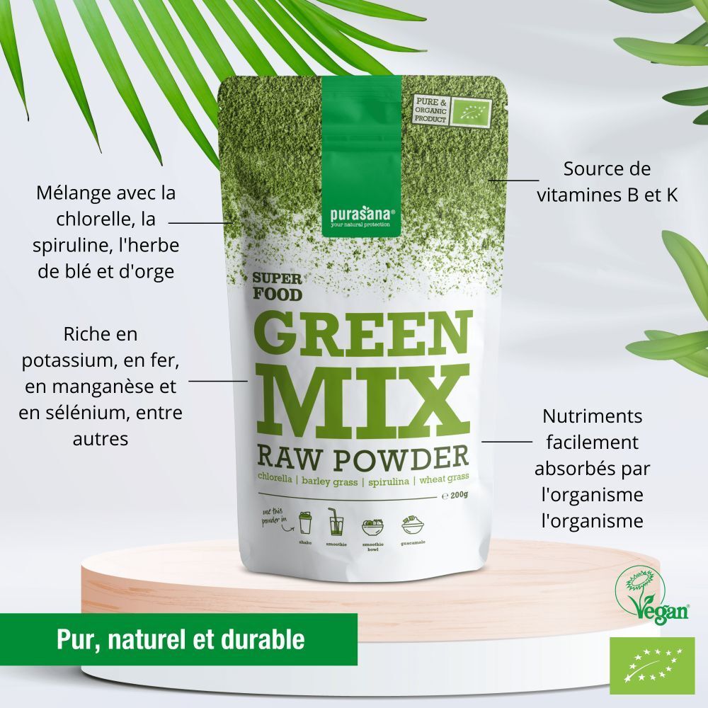 purasana® GREEN MIX RAW POWDER, avec texte. Emballage vert et blanc avec nom et logo du produit. Label vegan.