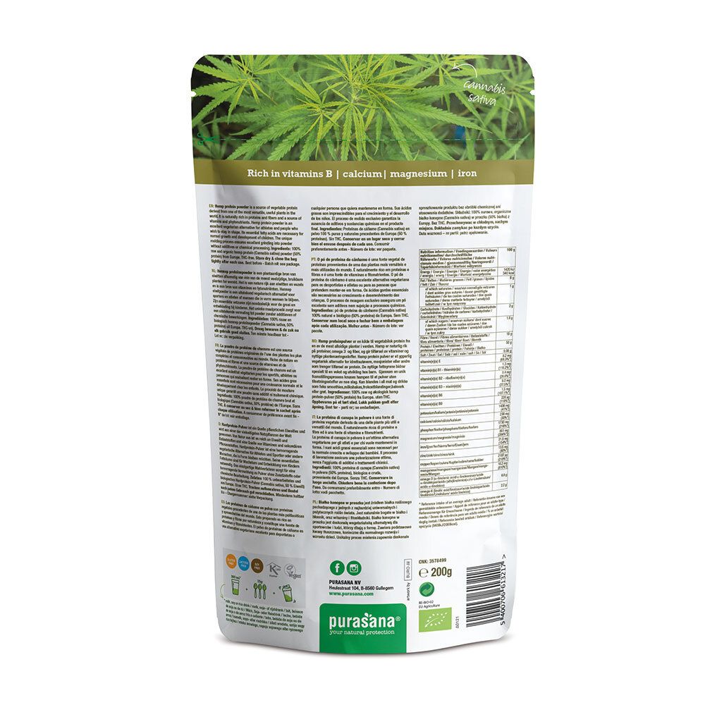 Dos du sachet de poudre de protéine de chanvre. Contient informations nutritionnelles, liste d'ingrédients et label bio. Marque Purasana.