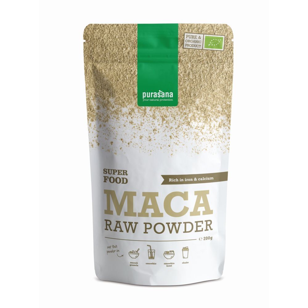 Sachet de purasana® MACA RAW POWDER. Inscription: Superfood, Maca, poudre crue. Riche en fer et calcium. Label bio.