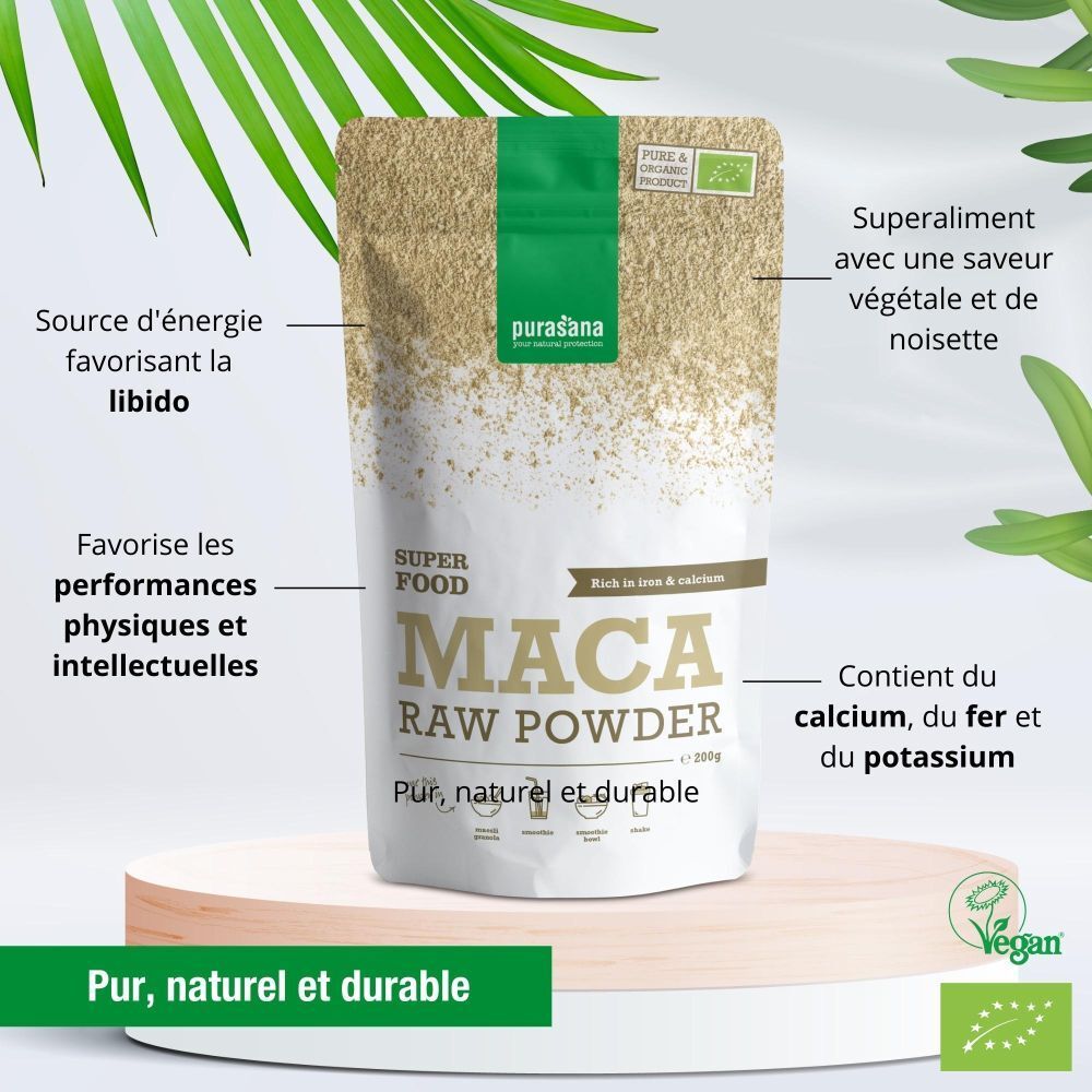 Emballage de purasana® MACA RAW POWDER. Texte: Superfood, Maca, poudre crue. Contient calcium, fer et potassium. Label vegan.