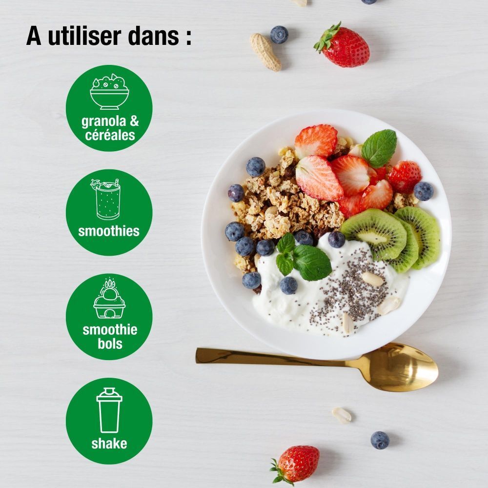 Bol de granola, baies, kiwi et graines de chia. Cuillère dorée. Cercles verts avec symboles smoothie, shake, smoothie bowl et granola.