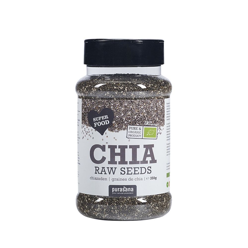Chia zaden in pot. Merk Purasana. Bio-certificering. Zwarte deksel. Transparante pot met zaden.