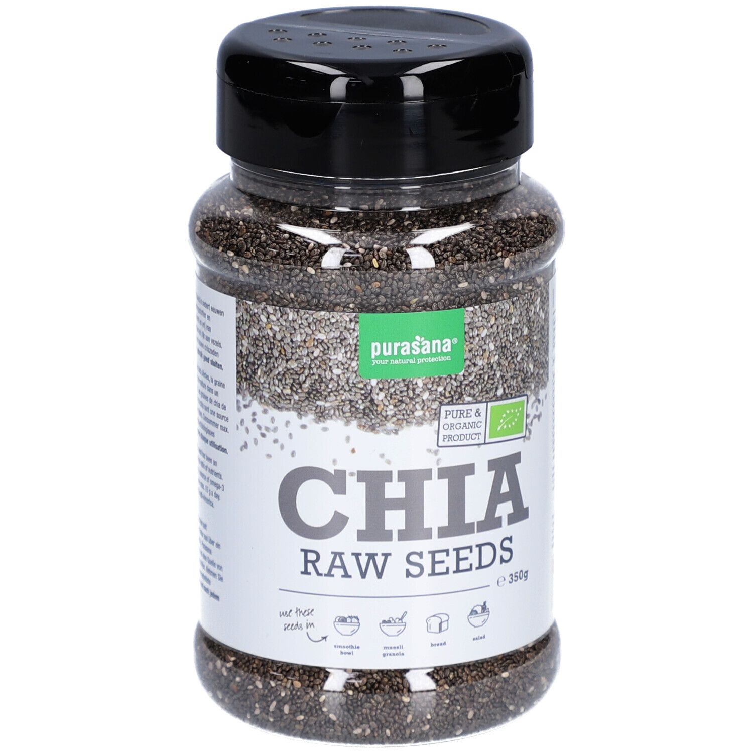 Chia zaden in pot. Merk Purasana. Bio-certificering. Zwarte deksel. Transparante pot met zaden.